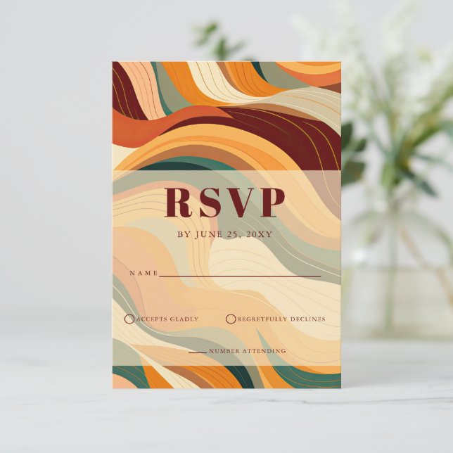 Retro Abstrakt Earthy Terracotta Orange Wedding RSVP Karte (Stehend Vorderseite)