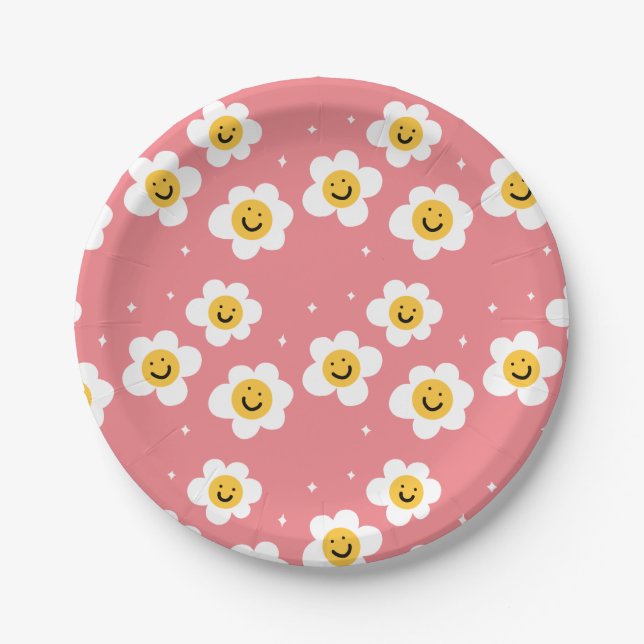 Retro Abstrakt Funny 90s Emoji Daisy Muster Pappteller (Vorderseite)
