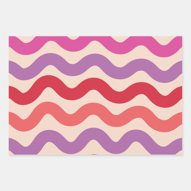 Retro Abstrakt Waves Rosa Lila rotes Muster Geschenkpapier Set (Vorderseite)