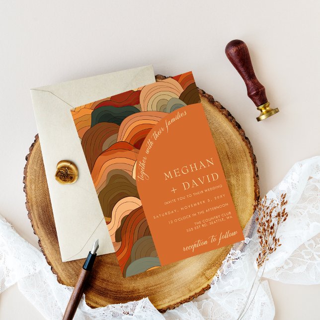 Retro Abstrakt Waves Terracotta Hochzeit Einladung (Retro Abstract Waves Terracotta Orange Wedding Invitation)