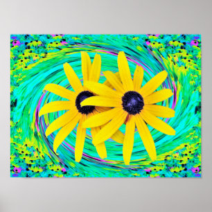 Retro Abstrakte gelbe Blumen auf Aqua Swirl Poster