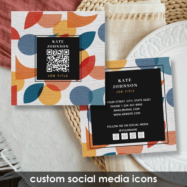 Retro-Abstrakter QR-Code für soziale Medien des mi Quadratische Visitenkarte (Retro Abstract Midcentury QR Code Social Media Square Business Card)