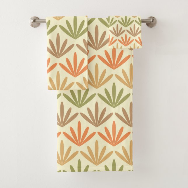 Retro Abstraktes Blumenmuster in Orange & Olive Badhandtuch Set (Insitu)