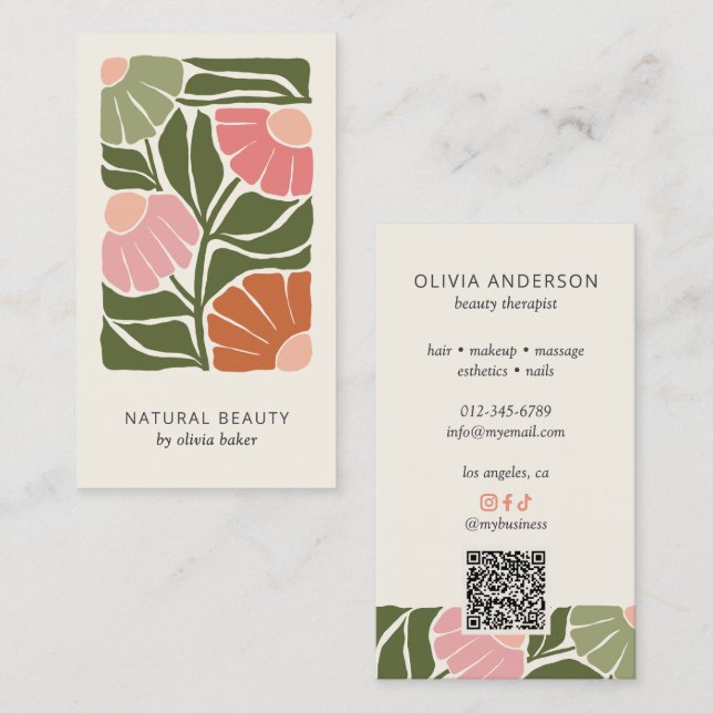 Retro abstraktes florales botanisches QR-Code- & S Visitenkarte (Vorne/Hinten)