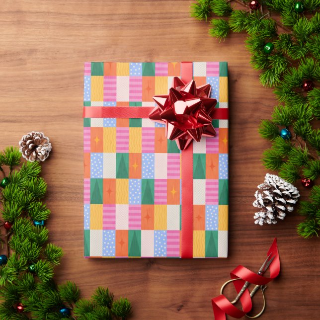 Retro abstraktes geometrisches Design im Patchwork Geschenkpapier (Feiertagsgeschenk)