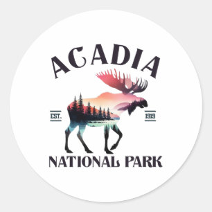Retro Acadia Nationalpark Elch Wald Camping Hi Runder Aufkleber