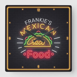 Retro ADD NAME Faux Neon Mexican Food Taco Diner Quadratische Wanduhr