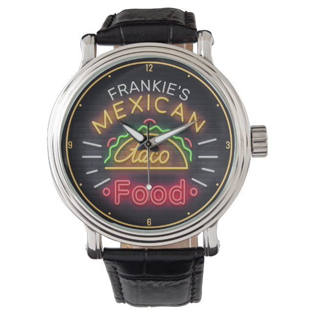 Retro ADD NAME Imitate Neon Mexican Food Taco Dine Armbanduhr (Vorderseite)
