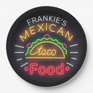 Retro ADD NAME Imitate Neon Mexican Food Taco Dine Pappteller