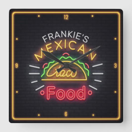 Retro ADD NAME Imitate Neon Mexican Food Taco Dine Quadratische Wanduhr