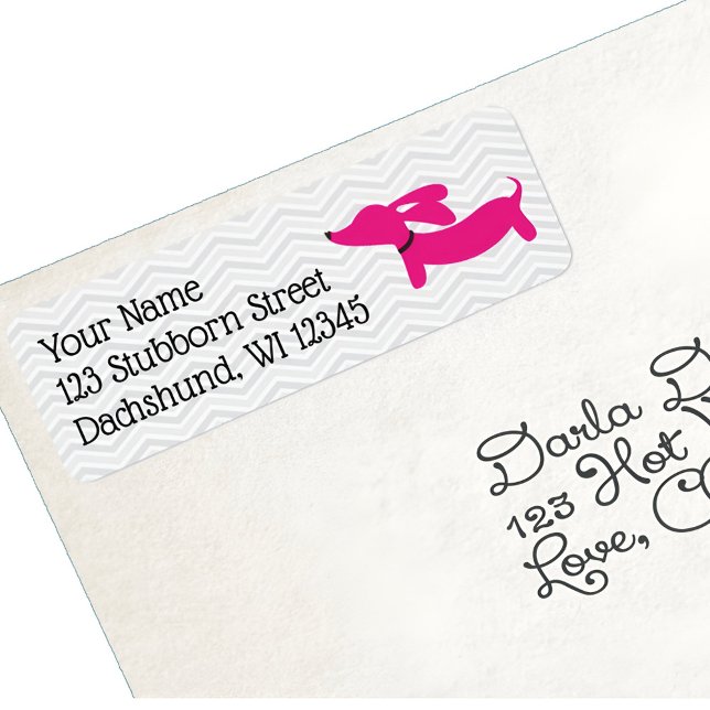 Retro-Adressetiketten in Rosa und Grau Dackel (Pink wiener dog return address label)