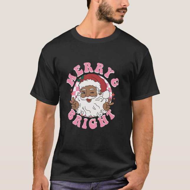 Retro Afroamerikaner Santa Pink Weihnachten froh T-Shirt (Vorderseite)
