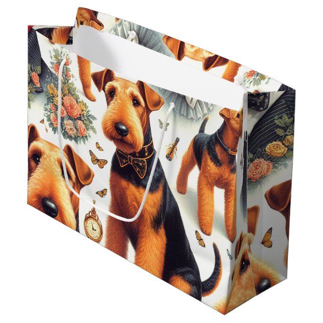 Retro Airedale Terrier Seamless Große Geschenktüte (Vorderseite Schrägansicht)