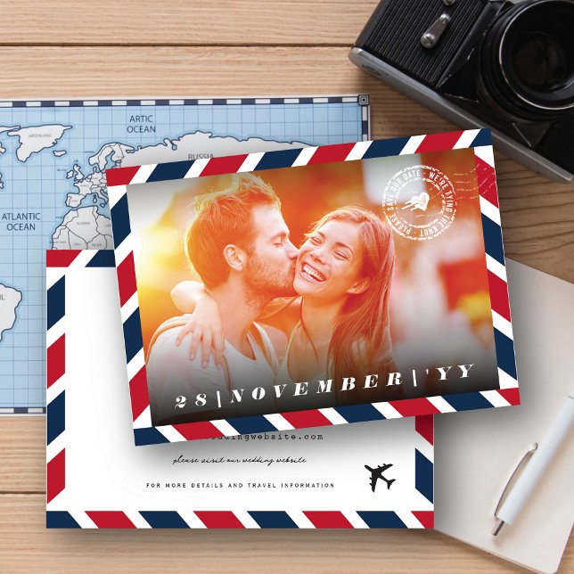 Retro Airmail Postleitzahl Foto Hochzeit in Urlaub Save The Date (Von Creator hochgeladen)