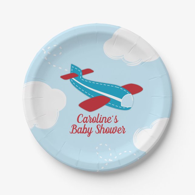 Retro Airplane Babydusche in Rot und Blau Pappteller (Vorderseite)