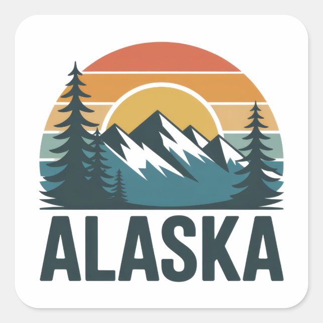 Retro-Alaska-Sonnenuntergangs-Abenteuer  Quadratischer Aufkleber (Vorderseite)