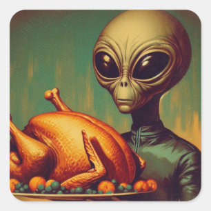 Retro-Alien mit Thanksgiving-Truthahn Quadratischer Aufkleber