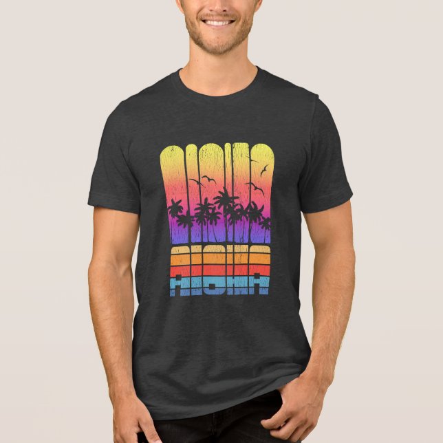 Retro Aloha Palm Trees Tropischer Familienurlaub Tri-Blend Shirt (Vorderseite)
