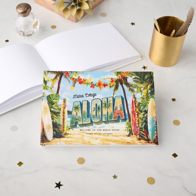 Retro Aloha Tropical Beach House Vermietung Gästebuch (Vorderseite Offen)
