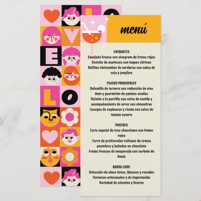 Retro Amarillo y Rosa Estampado Geométrico Boda Menükarte (Vorne/Hinten)