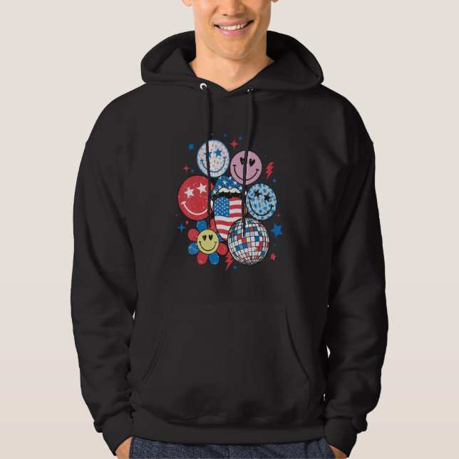 Retro America Happy Face American Flag 4th Of July Hoodie (Vorderseite)