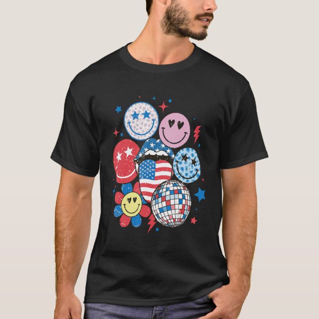 Retro America Happy Face American Flag 4th Of July T-Shirt (Vorderseite)