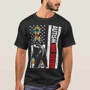 Retro American Flag Autism Big Sister Bar Awarene T-Shirt