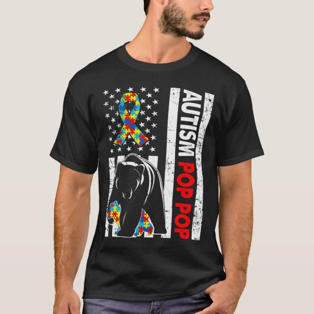 Retro American Flag Autism Pop Pop Bärenkenntnis T-Shirt (Vorderseite)