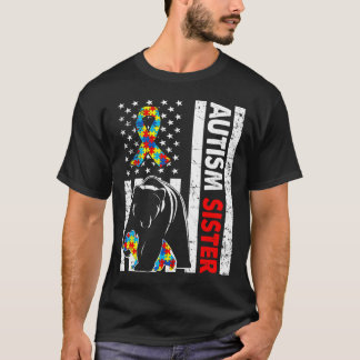 Retro American Flag Autism Sister Bear Awareness F T-Shirt