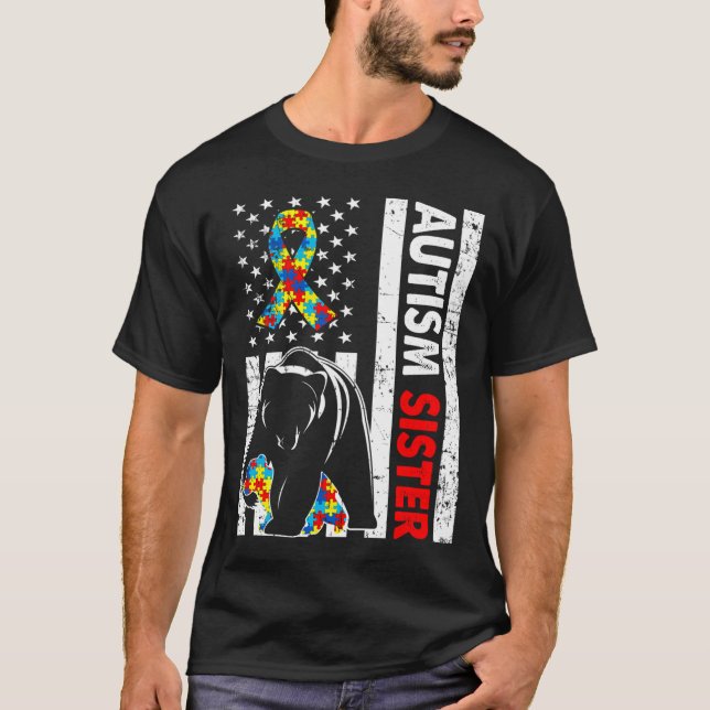 Retro American Flag Autism Sister Bear Awareness F T-Shirt (Vorderseite)
