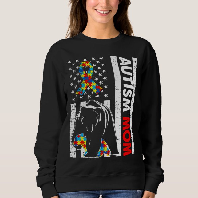 Retro American Flag Autismus Mama Bärenbewusstsein Sweatshirt (Vorderseite)