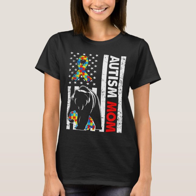 Retro American Flag Autismus Mama Bärenbewusstsein T-Shirt (Vorderseite)