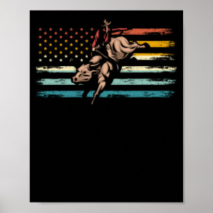 Retro American Flag Bull Riding West Cowboy Poster