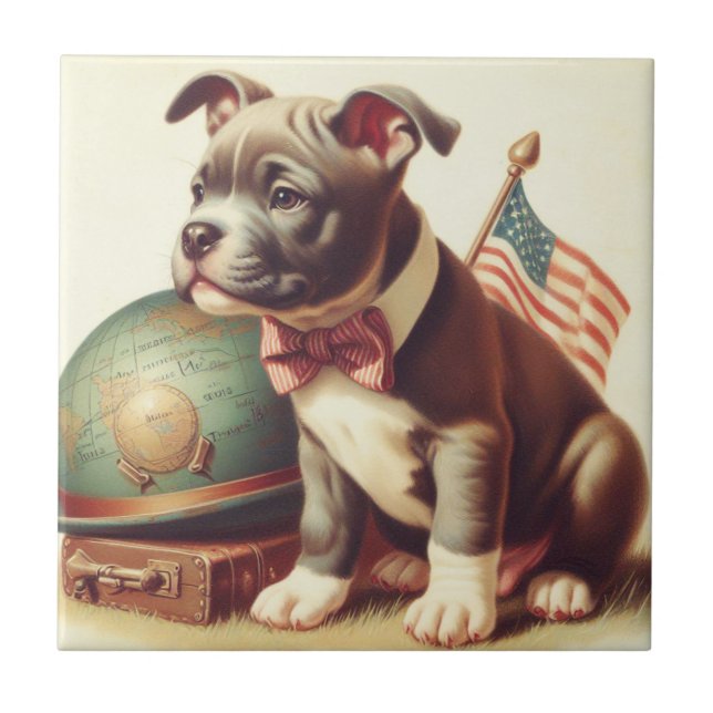 Retro American Pit Bull Terrier Painting Fliese (Vorderseite)
