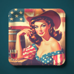 Retro Amerikanische Cowgirl Pinup Pappteller