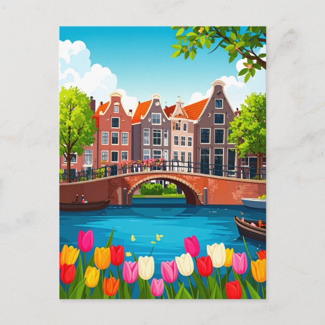Retro Amsterdam Reise mit Tulips Postkarte (Vorderseite)