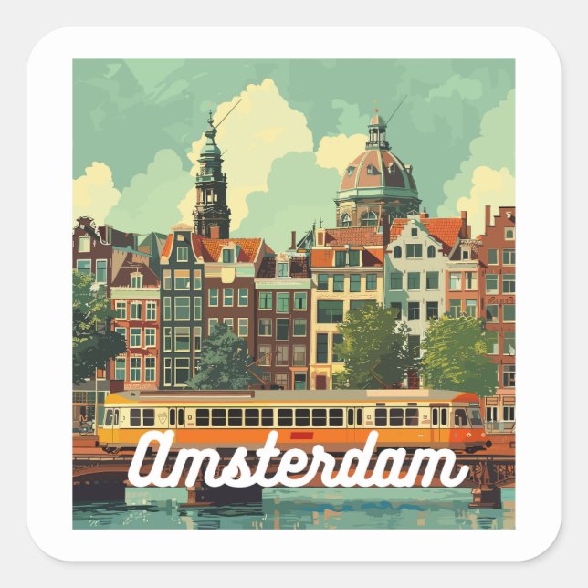 Retro Amsterdam Skyline Quadratischer Aufkleber (Vorderseite)