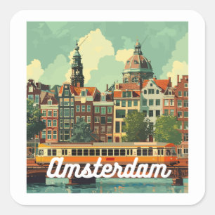 Retro Amsterdam Skyline Quadratischer Aufkleber