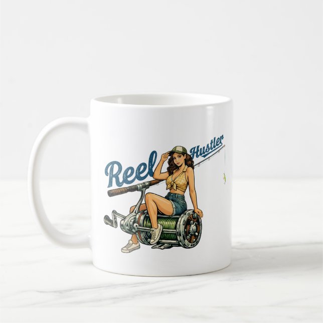 Retro-Angler-Pin-Up Reel Hustler | Lustiger Fisch Kaffeetasse (Links)