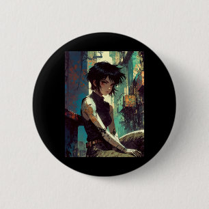 Retro Anime Cyberpunk Mädchen dystopische Zukunft Button