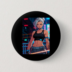 Retro Anime Cyberpunk Mädchen Neon Street Fighter Button