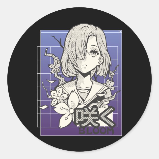 Retro Anime Girl Otaku Manga Comic Tee Japanisch Runder Aufkleber (Vorderseite)