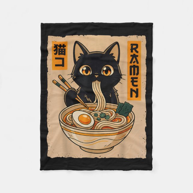 Retro Anime Kawaii Black Cat Eating Ramen Noodles  Fleecedecke (Vorderseite)