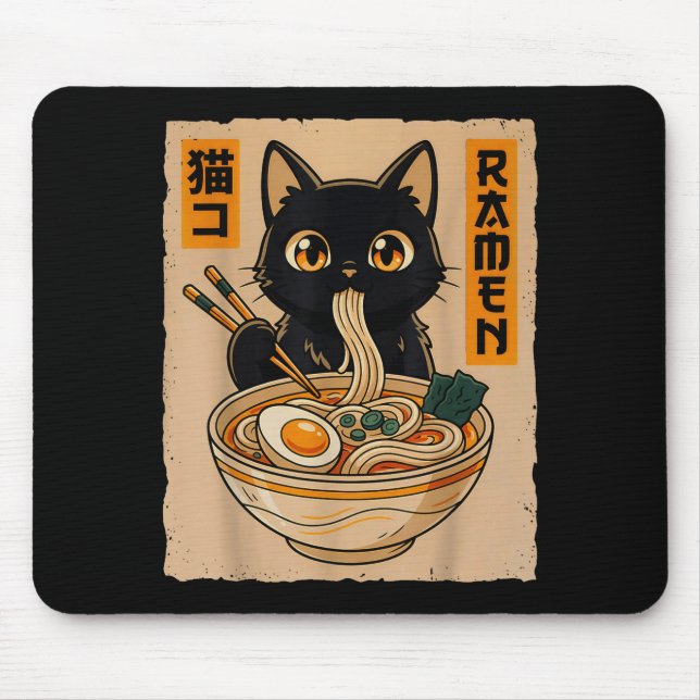 Retro Anime Kawaii Black Cat Eating Ramen Noodles  Mousepad (Vorne)