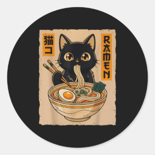 Retro Anime Kawaii Schwarze Katze, die Ramen-Nudel Runder Aufkleber