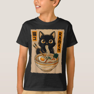 Retro Anime Kawaii schwarze Katze, die Ramen-Nudel T-Shirt