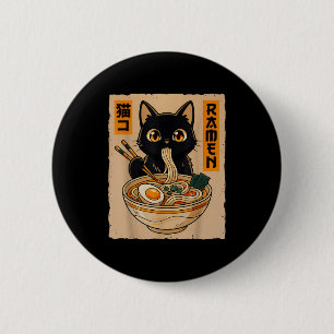 Retro Anime Kawaii Schwarze Katze isst Ramen-Nudel Button