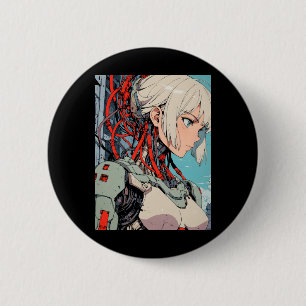 Retro Anime Kybernetisches Android Mädchen Futuris Button