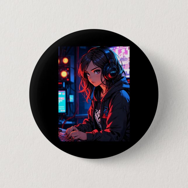 Retro Anime Mädchen Gamer Cyberpunk Streaming Setu Button (Vorderseite)