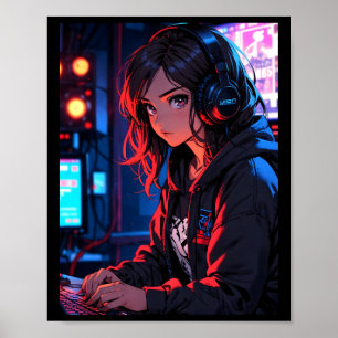 Retro Anime Mädchen Gamer Cyberpunk Streaming Setu Poster